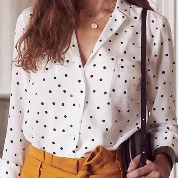 Black And White Elegan t Women's Polka Dot Shirt Blouse With Pocket details - Picture 2 of 11
